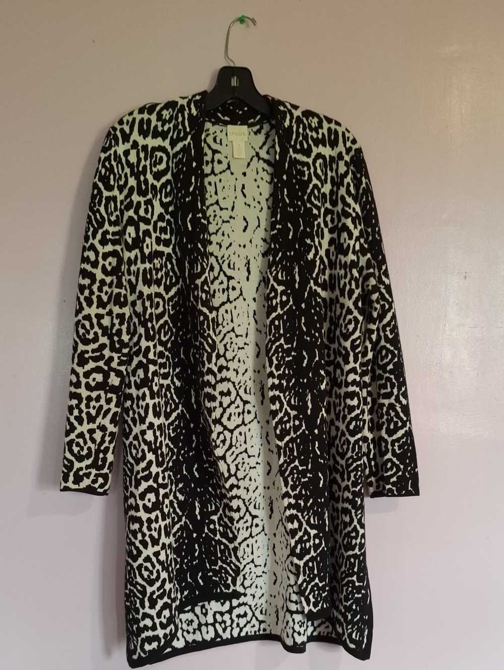 Chico's Black and White Leopard-Print Open Front Cardigan